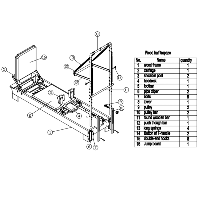 Elina Pilates Wood Reformer With Tower Parts