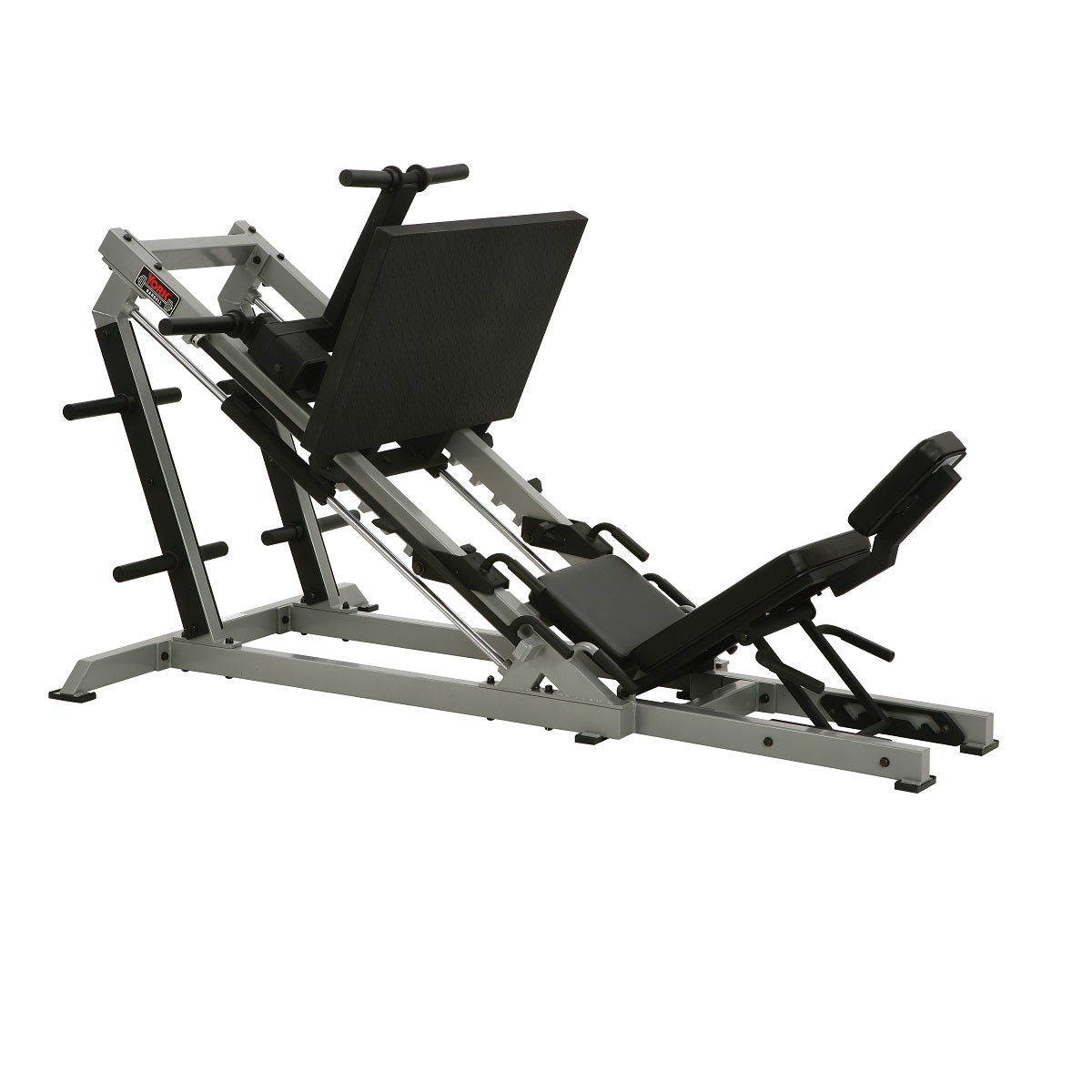Leg Press Machine with male actively using it. 