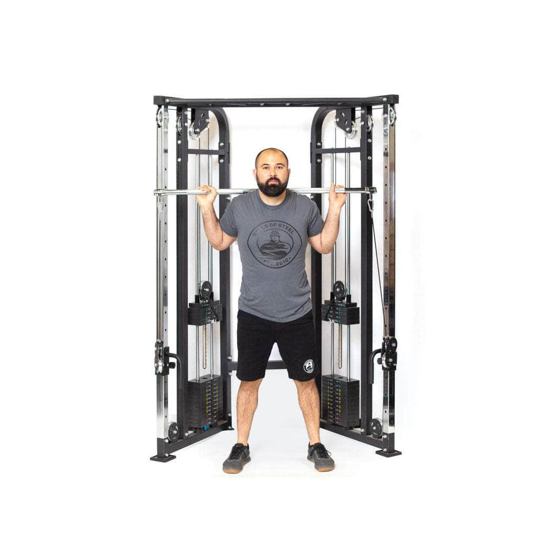 Bells of Steel Functional Trainer Front View With User Squatting