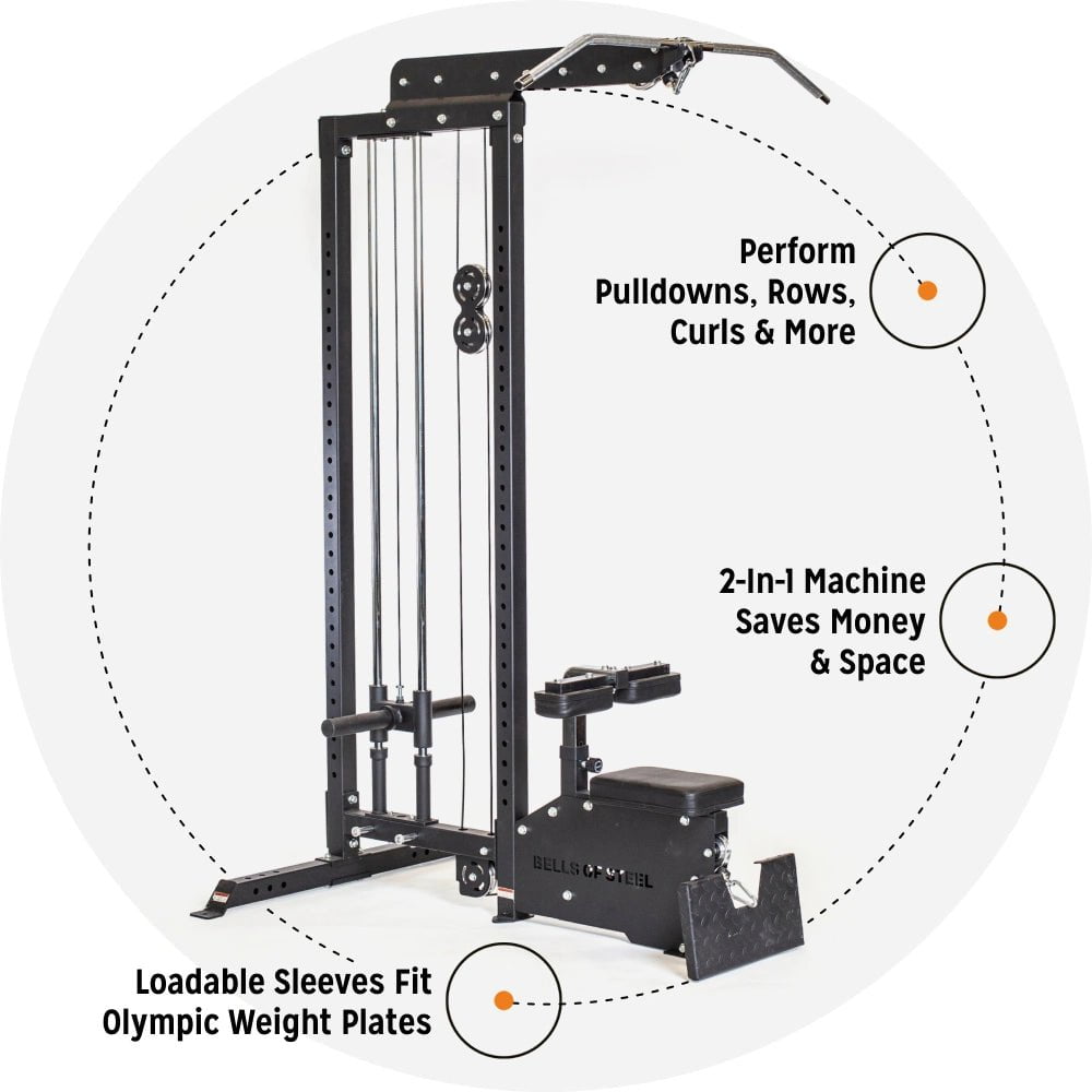 Bells of Steel plate loaded lat pulldown low row machine diagram with features.