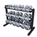 body-solid 3-tier dumbbell rack gdr363b with various weight dumbbells