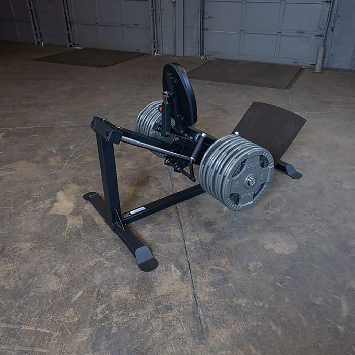 body solid compact leg press machine back view with plates