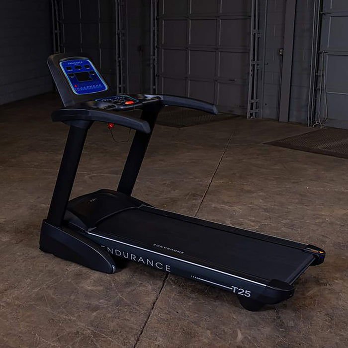 body solid endurance t25 folding treadmill back side view