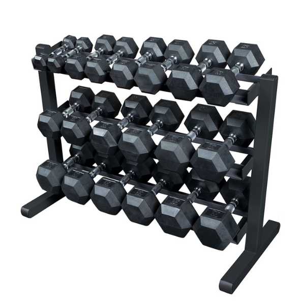 body-solid gdr363 3-tier dumbbell rack with hex dumbbells