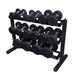 body-solid gdr363b 3-tier horizontal dumbbell rack loaded with black dumbbells