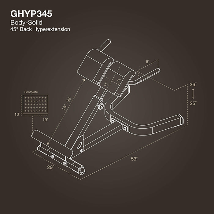 body solid ghyp345 45 back hyperextension dimensions