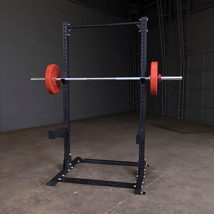 body solid pro clubline half squat rack spr500 front view with barbell