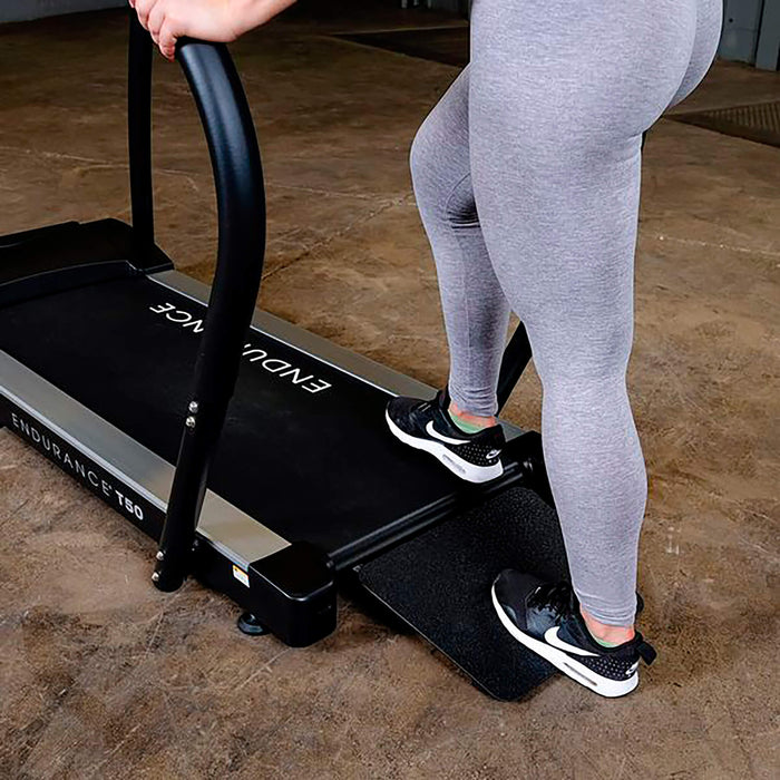 body solid t50 walking treadmill rear entry ramp up close