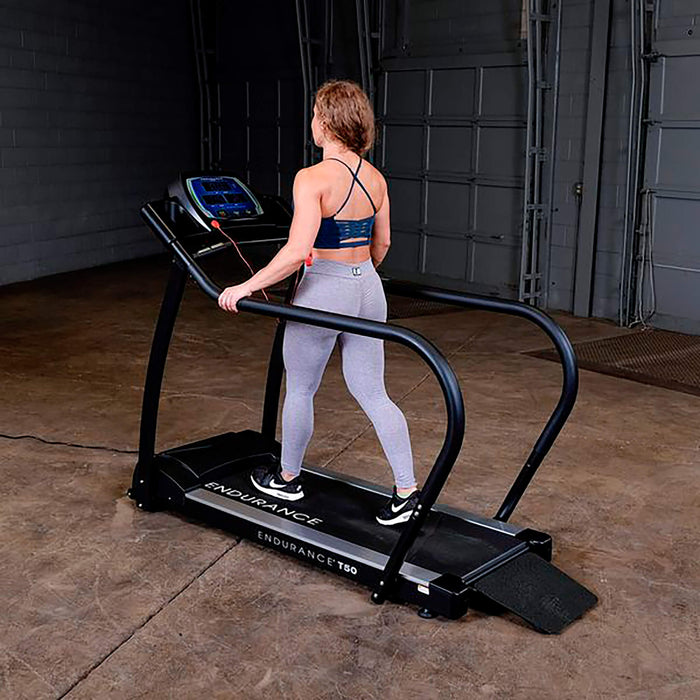 endurance t50 walking treadmill back side view with model