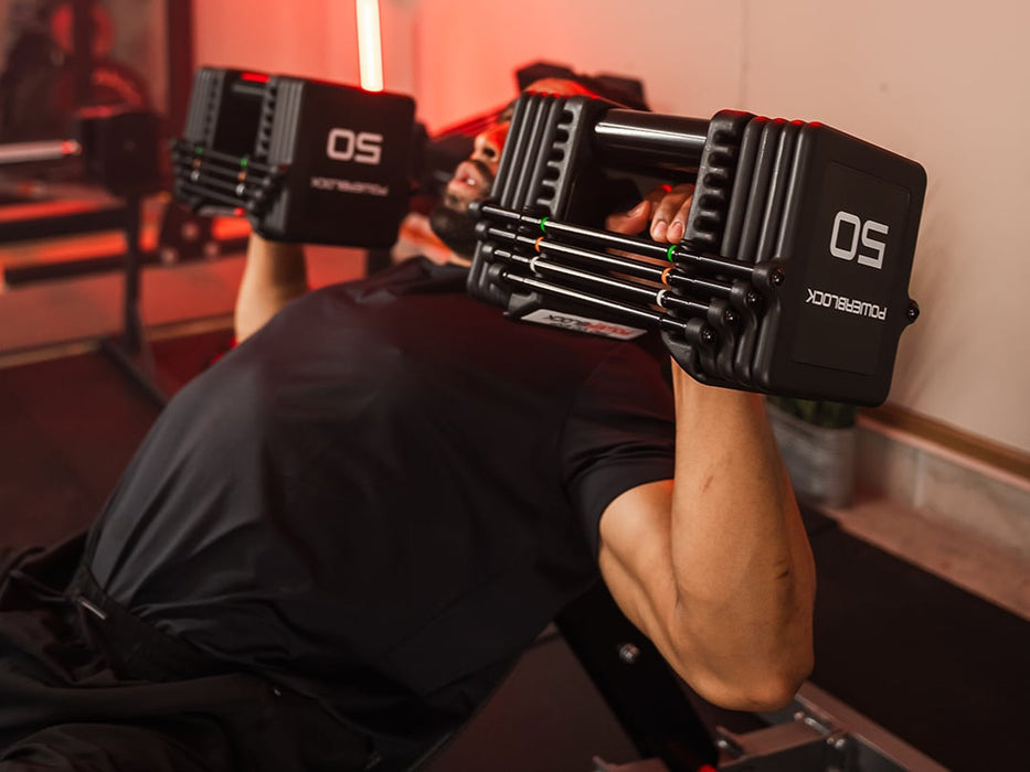 Powerblock pro 100 EXP In Action With Man Doing Shoulder Press