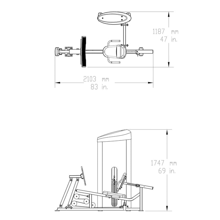 pro clubline s2lpc leg press and calf raise front view dimensions