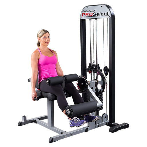 pro select leg extension leg curl machine with model front view