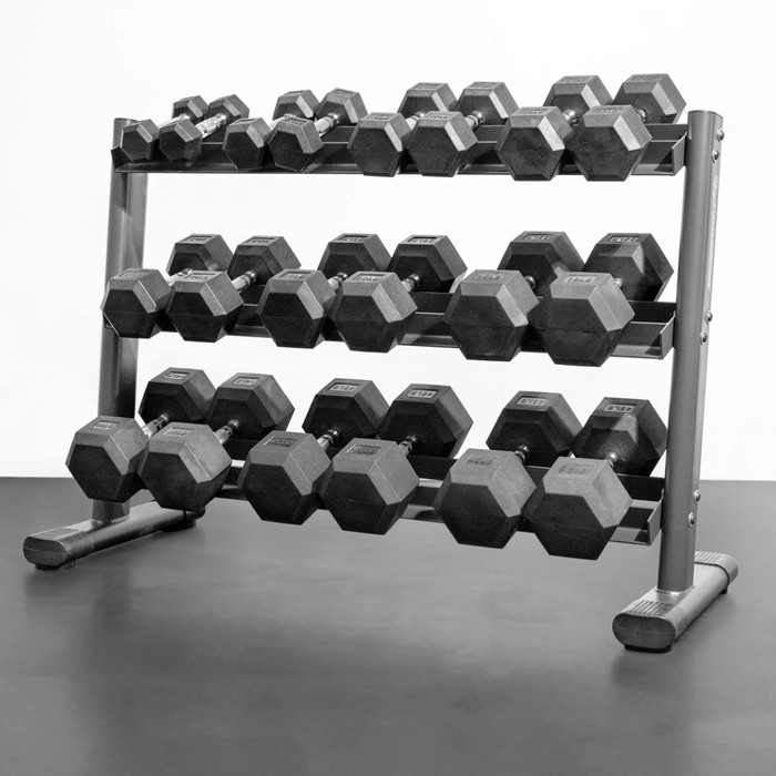 rubber hex dumbbell sets with 3-tier rack