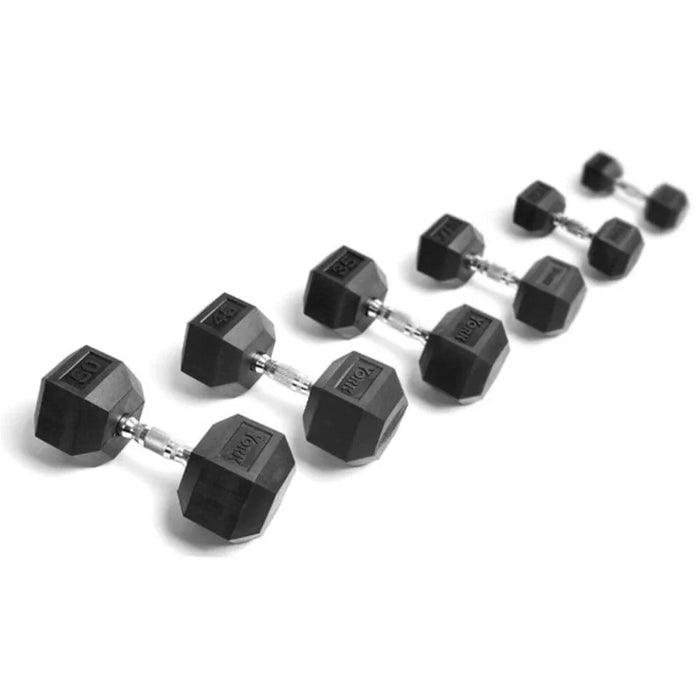 York Barbell 5-50lb Hex Rubber Dumbbell Set With Rack